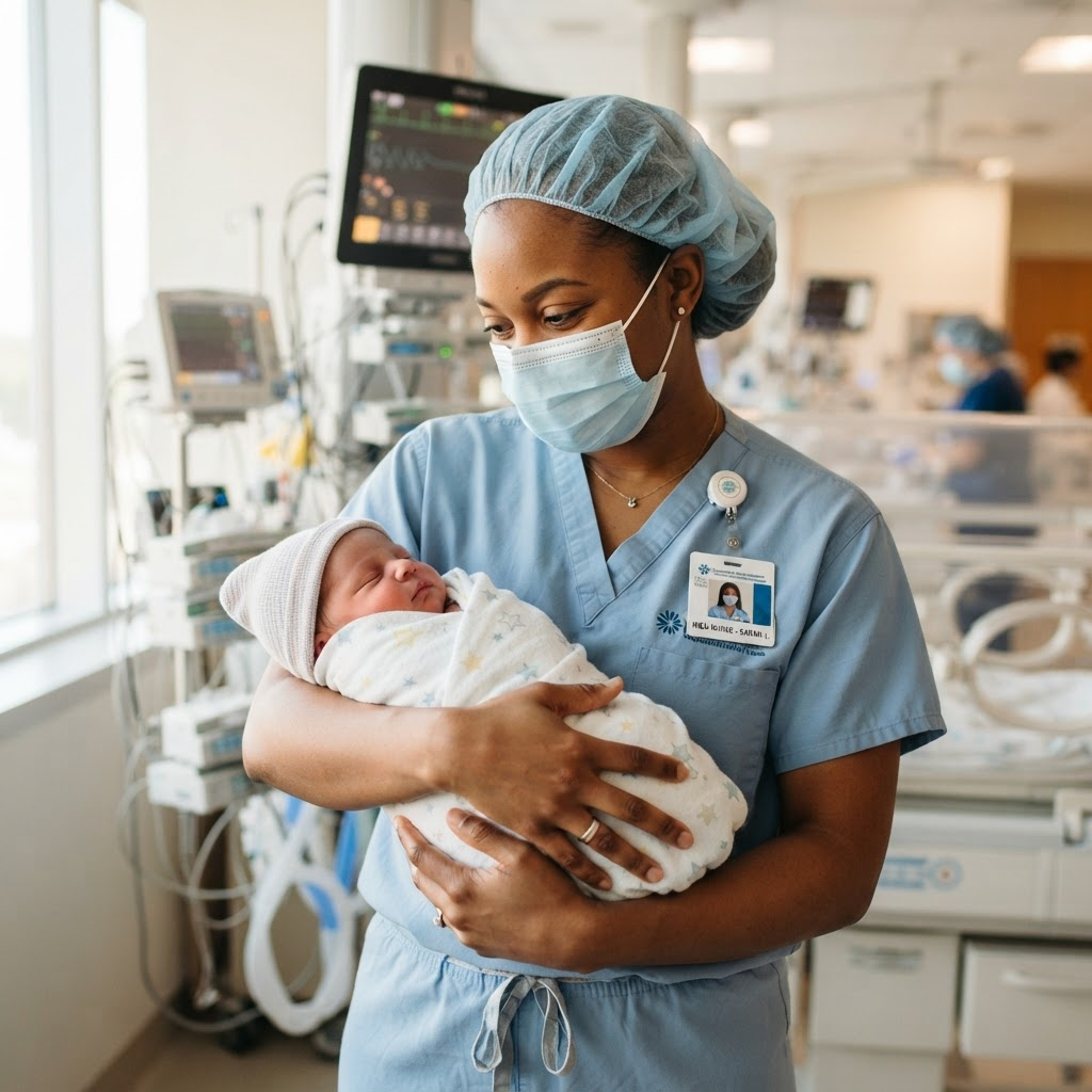 Compassionate NICU nurse in blue scrubs holding a swaddled newborn baby in a Philadelphia hospital