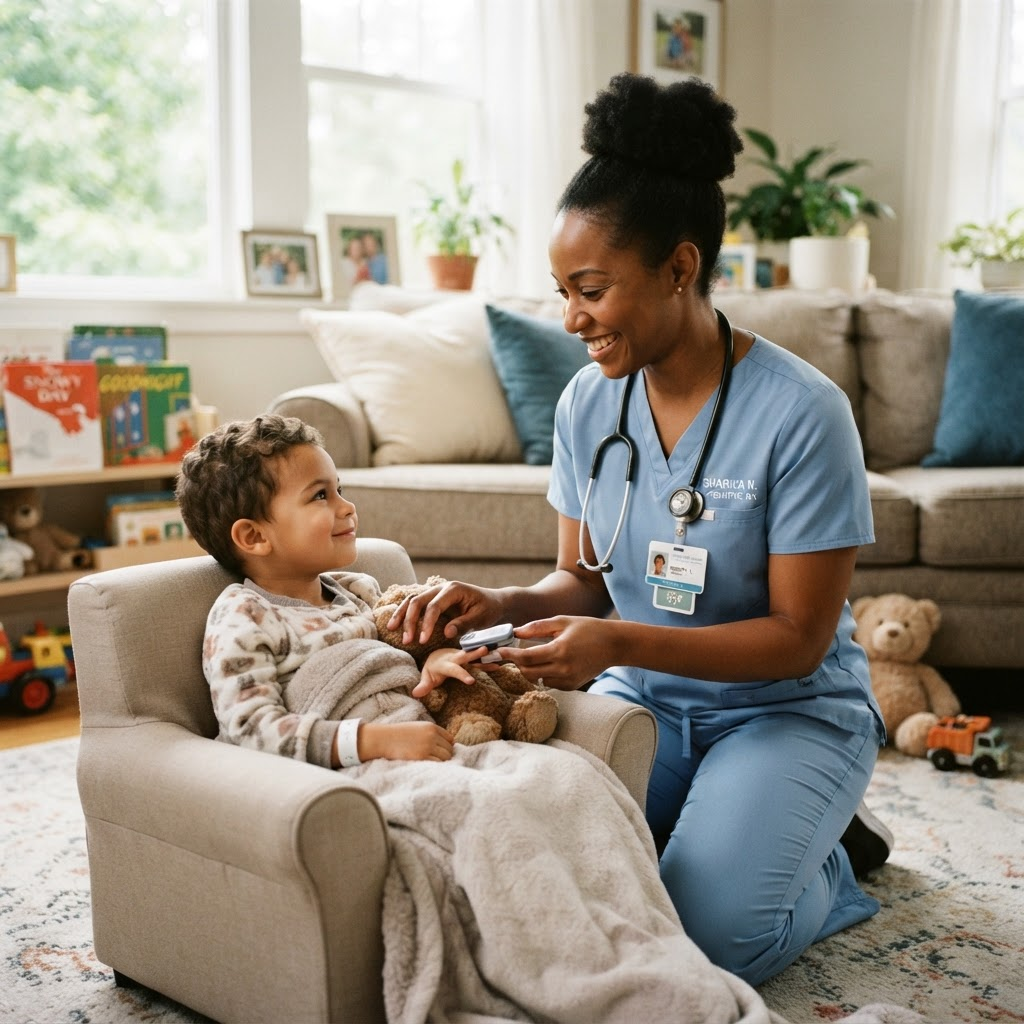 WeAllCare pediatric nurse providing NICU-level care in a family home